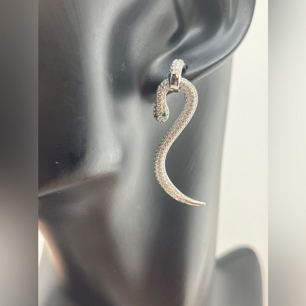 Silver Plated Serpentine Earrings with Cubic Zirconia - Picture 6 of 8